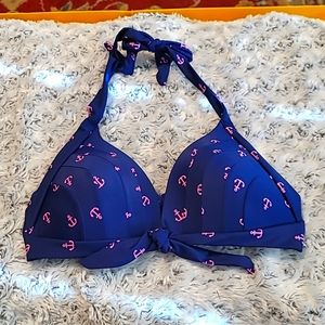 Anchor Print Navy Retro halter Tie Front Bikini Top